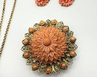 Lot #104 Vintage Fashion Jewelry!Vintage Faux Coral Celluloid Pendant and Earrings and Red Pendant Necklace