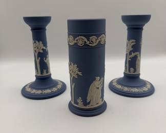 Lot #48 Wedgwood Jasperware Blue and White Ceramic Candlesticks and Vase Set