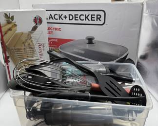 Lot #186 Huge Kitchen Lot- Black+Decker 15 Inch Electric Skillet with Acrylic Bread Slicer and Kitchen Utensils Set