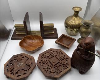 Lot #55 Who "Woodn't" Love This Collection - Bookend Featuring Colorado Mining Rail, Brass Vases and other wood accesories.