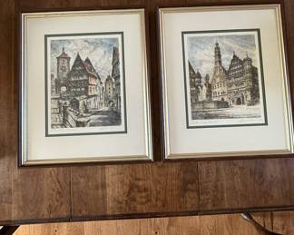 Lot #80 Set of Two Hand Painted Engravings Framed Vintage European Street Scene Architectural Prints Signed