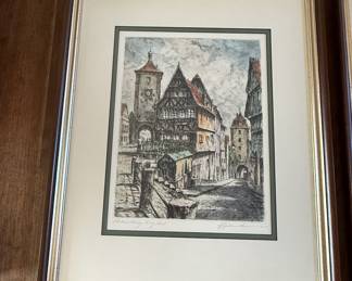 Lot #80 Set of Two Hand Painted Engravings Framed Vintage European Street Scene Architectural Prints Signed