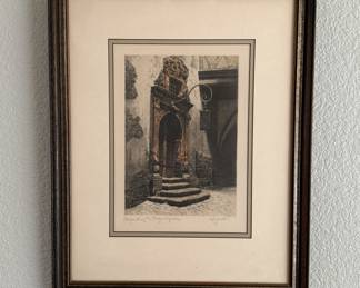 Lot #84 Antique Doorway w/Lantern Framed Vintage Architectural Print of Ornate Stone Staircase and Doorway with Hanging Lantern
