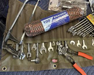 Lot #411 Huge Lot of Vintage Tools with Wrenches, Pliers, Hacksaw, Flashlight, Braided Utility Rope, and Storage Cases