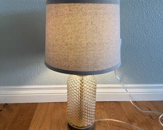 Lot #70 Textured Amber Glass Table Lamp with Beige Fabric Shade and Wooden Accents