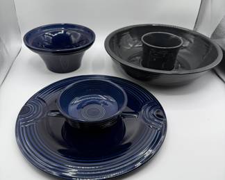 Lot #176 Fiestaware Homer Laughlin Fiesta ware Chip and Dip (slate) Vegetable Platter and Dip (cobalt) + Bowl