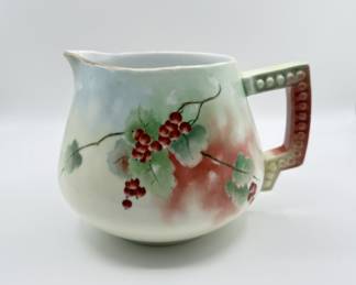 Lot #51 Vintage Bavarian Porcelain Pitcher with Red Berry and Green Leaf Design