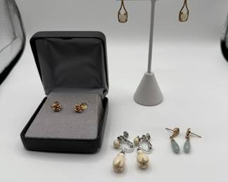 Lot #99 Mixed Gold Tone Earrings Set with White Stone, Floral Motif Studs and Teardrop Dangle Earrings