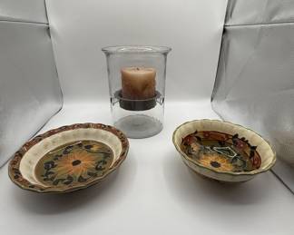Lot #53 Hand-Painted Floral Ceramic Plates with Glass Candle Holder and Brown Candle