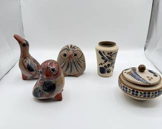 Lot #59 Mexican Pottery! Handcrafted Ceramic Pottery Jar with Lid and Painted Stoneware Bird Figurines