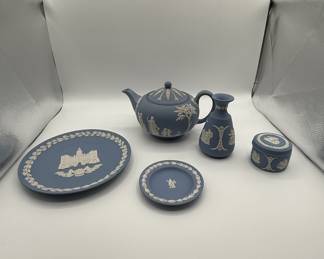 Lot #49 Wedgwood Blue Jasperware Ceramic Teapot Vase Plate and Covered Box Set with Classical Reliefs