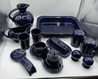Lot #178 Fiestaware Cobalt Homer Laughlin huge collection of serving pieces, including casserole, dish, water pitcher and more!