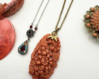 Lot #104 Vintage Fashion Jewelry!Vintage Faux Coral Celluloid Pendant and Earrings and Red Pendant Necklace