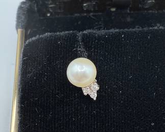 Lot #98 6mm Pearl and Diamond Earrings. Elegant Pearl Stud Earrings with Diamond Accents in Black Velvet Case
