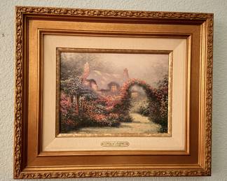 Lot #121 Thomas Kinkade Giclee with Hand Painting on Canvas โMorning Gloryโ Floral Garden Pathway with Cottage Framed Artwork