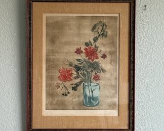 Lot #92 Framed Block Print Floral Artwork with Red Flowers in Blue Vase Signed E.A. and "Annali Hansen"