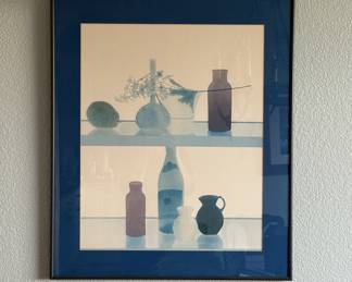 Lot #91 Blue Pottery Graphic Framed Still Life Wall Art Print with Blue Mat and Glass Shelves Featuring Vases and Bottles