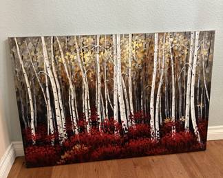 Lot #230 Textured Canvas Painting of White Birch Trees with Red and Yellow Foliage