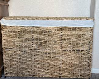 Lot #235 Natural Wicker Triple Compartment Laundry Hamper with White Fabric Liner