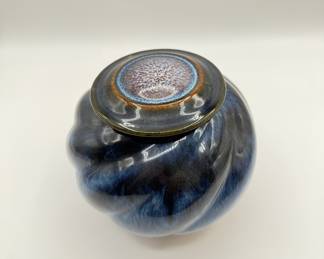 Lot #196 Bill Campbell keeper jar Blue Swirled Glazed Ceramic Jar with Lid Vintage Collectible Pottery