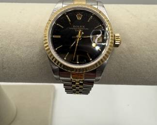 Lot #4 Vintage Rolex Oyster Perpetual Date Black Dial Stainless Steel and 18K Gold Watch with Jubilee Bracelet Rolex 69173
