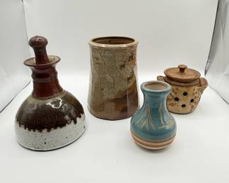 Lot #60 Handcrafted Ceramic Pottery Set Including Glazed Pitcher, Blue Decorated Vase, Brown Speckled Jar, and Small Lidded Holder