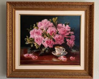 Lot #77 Pink Roses by James M. Sulkowski Oil Painting Pink Roses Floral Still Life with Teacup Ornate Gold Frame