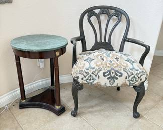 Lot #190 Vintage Dark Wood Armchair with Ornate Carved Back and Multicolor Patterned Upholstered Seat with Marble Top Side Table