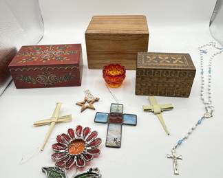 Lot #61 Handcrafted Decorative Wooden Boxes with Floral and Geometric Carvings and Mixed-Media Cross Ornaments