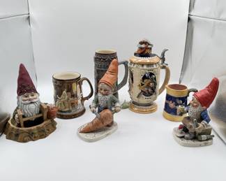 Lot #57 Vintage Goebel West Germany Porcelain Gnome Figurines with Decorative Beer Steins