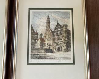 Lot #80 Set of Two Hand Painted Engravings Framed Vintage European Street Scene Architectural Prints Signed