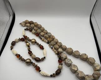 Lot #17 Vintage Geometric Brown Beaded Statement Necklace with Mixed Material Accent Strand