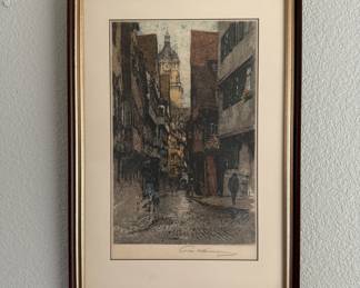Lot #79 City Street w/Clock Tower Vintage Carl Watzmann Signed Das Turm-Gรคsschen Framed Street Scene Print