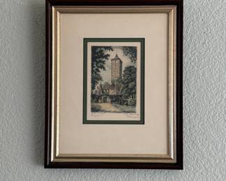 Lot #83 Tiny Church Framed Detailed Tower and Architectural Building Art Print with Green Matting and Brown Gold Frame