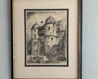 Lot #82 Monastery Vintage Black and White Architectural Sketch of Historic Castle Towers with Barrels and Wooden Cart