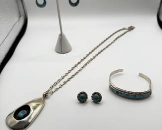 Lot #105 Silver and Turquoise Pendant Necklace, Hoop Earrings, Stud Earrings, and Cuff Bracelet Jewelry Set