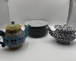 Lot #185 Ceramic Blue and Orange Floral Teapot with Green Lid and Blue and White Leaf Pattern Plates