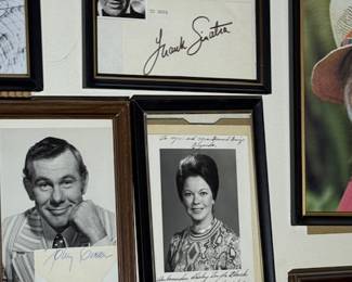Framed Celebrity Autograph Collection – Frank Sinatra, Johnny Carson & Others
Beautiful wall display featuring framed autographs and portraits of entertainment legends including Frank Sinatra and Johnny Carson. A timeless collection celebrating icons of stage and screen—professionally matted and ready for display.