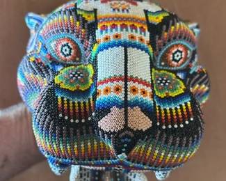Huichol Beaded Jaguar Head Traditional Mexican Art