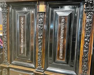 Ebony / Walnut original iron pulls
Hand wrought hardware interior
Breaks to (3) sections for moving
(Have the center carved piece that is bare in the pic) 