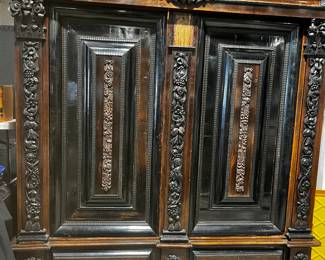 Antique 17th Century Dutch Kussenkast
Ebony & Walnut Fabulous /Rare Carved Ornate Cultural Piece/Netherlands…Awesome for a Winery Tasting Room / Large  Home…do have the center piece/will be attached