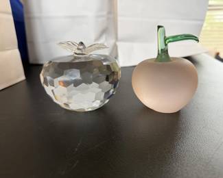Faceted Crystal Apple Paperweight and Vintage Frosted Glass Aple Figurine