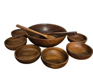 Vintage Wooden Monkey Pod Salad Bowl Set