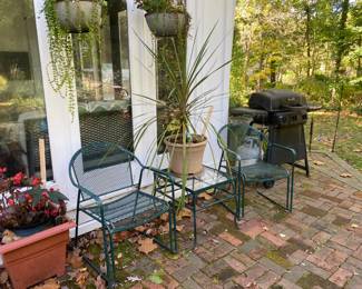Chairs, table, planters, hanging baskets, grill