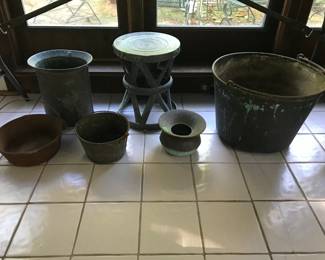 Copper, Brass and cast iron buckets, stool, etc.
