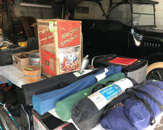 Tent, 3 folding chairs in bags, smoker, etc.