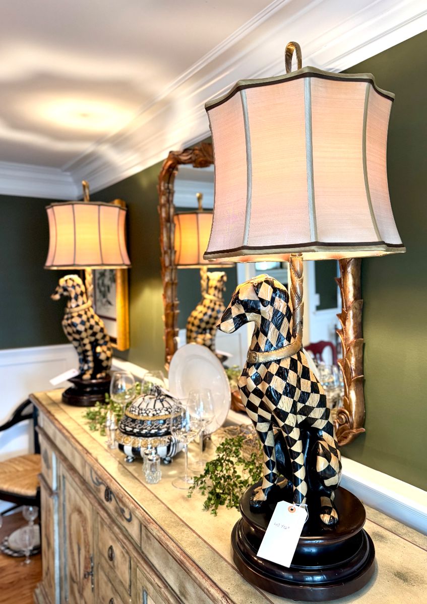 $450 (each) - Harlequin whippet table/buffet lamp “Theodore Alexander style” - 40x12 (2 available); $280 - Vintage Chinese Tureen