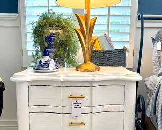 $250 (each) - Chunky painted nightstand (2 available)- 34x22x31; $68 (each) - Table lap with gold base and black and white lampshade (2 available)- 31”; $28 (each) - Chinoiserie style blue and white ginger jar (2 available) - 19”