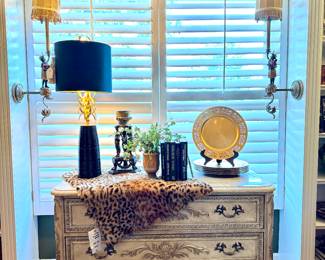 $400 - Vintage 3 drawer dresser with a tessellated top (new 695) - 46x19x32; $400 - Ro Sham Beaux table lamp (new $800) - 12x31; $300 (each) - Reproduction Blackamoor sconce with a wonderful shade (2 available) - 36h