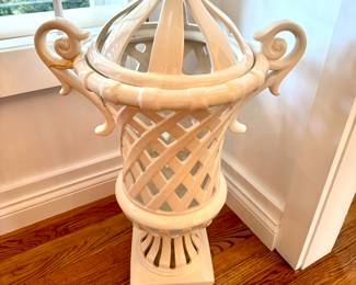 $28 - large, white ceramic pedestal urn vase (as is)- 19x31